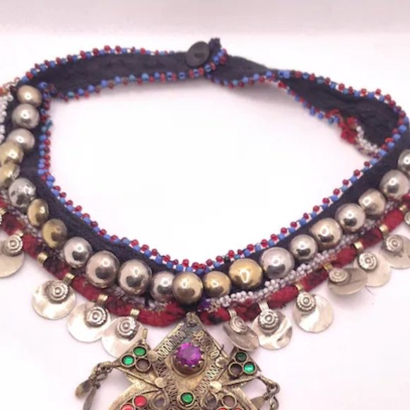 Afghani Kuchi Necklace With Multicolour Glass Stones Dangling Tassels and Coins, - Picture 4 of 4